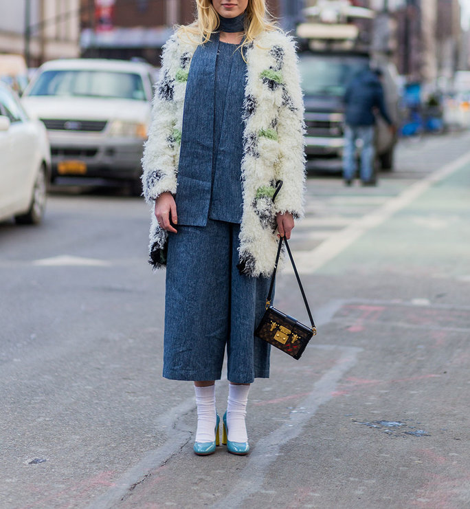 NEW YORK, NY - FEBRUARY 11:  A guest wearing a blue denim jumpsuit turquoise heels with white socks, a small brown Louis Vuitton bag and a white green fluffy fur coat seen outside BCBG Max Azria during New York Fashion Week: Women's Fall/Winter 2016 on February 11, 2016 in New York City.  (Photo by Christian Vierig/Getty Images)